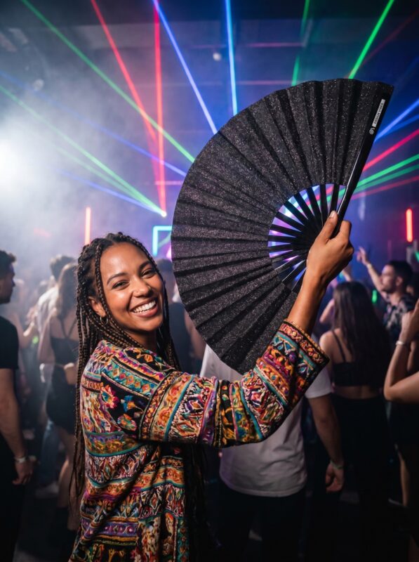 Festival Fan, zwart met glitter, een stijlvol accessoire voor raves en CSD