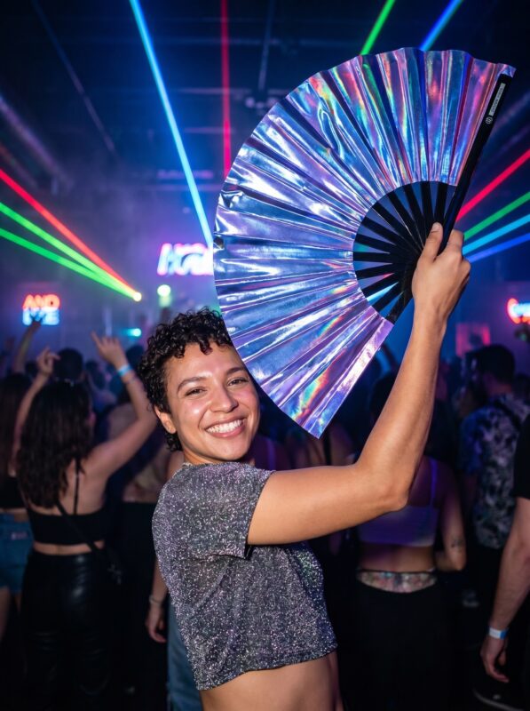 Festival Fan, holografisch blauw-paars metallic, rave-accessoire