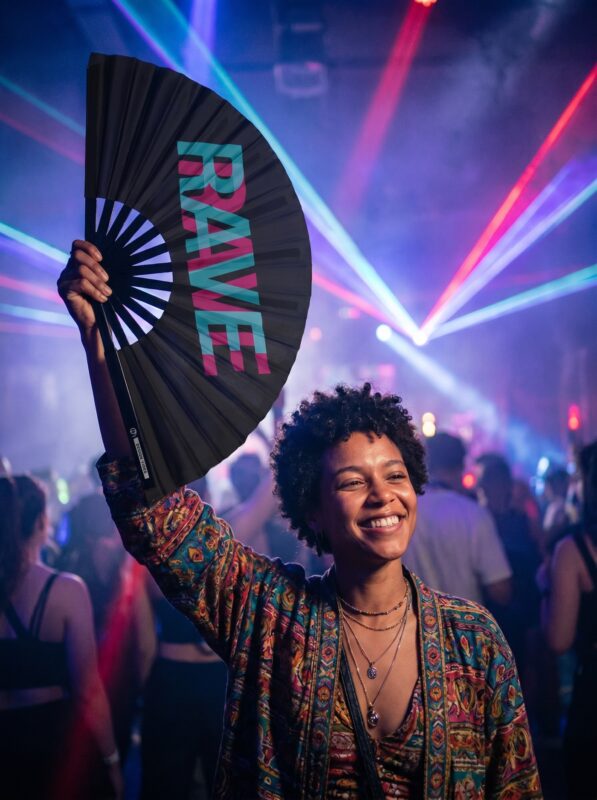 Festival Fan „RAVE” zwart, teal-roze, Techno- en Rave-accessoire