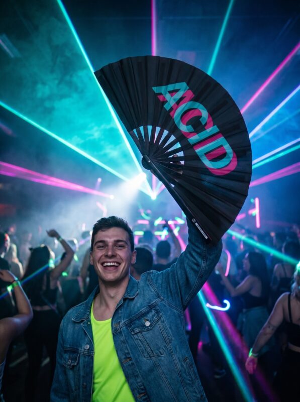 Festival Fan “ACID” zwart teal-roze – Techno & Rave accessoire