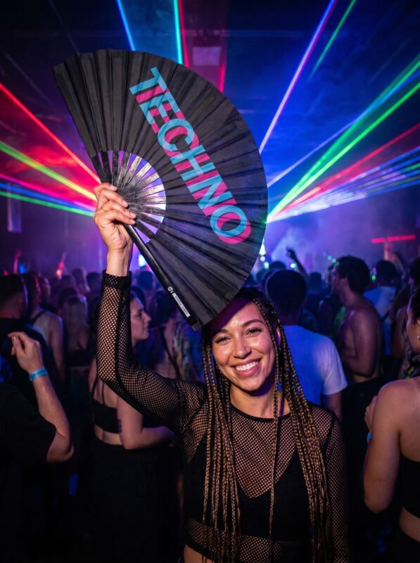 Festival Fan „TECHNO” Zwart, Teal-Roze, Techno & Rave